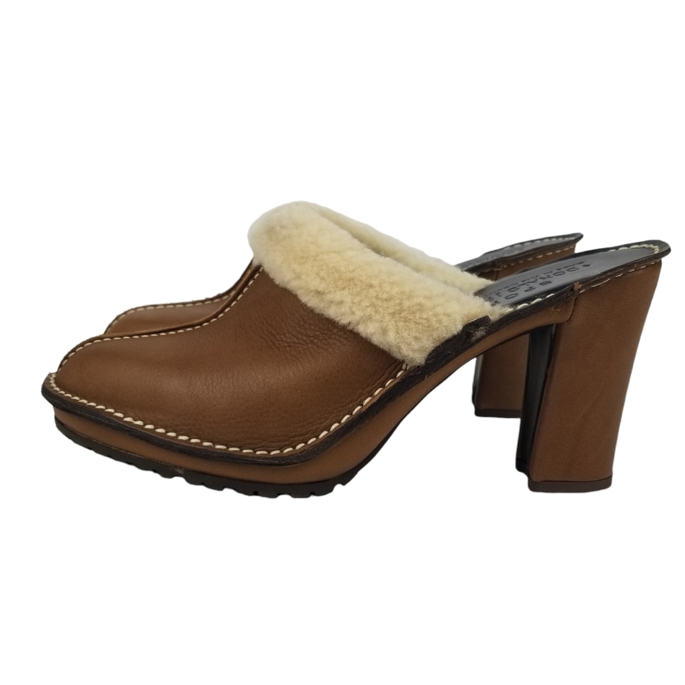Donald J. Pliner BHappy Tan Nappa Leather Shearling Heeled Mule Clogs Size 9.5N